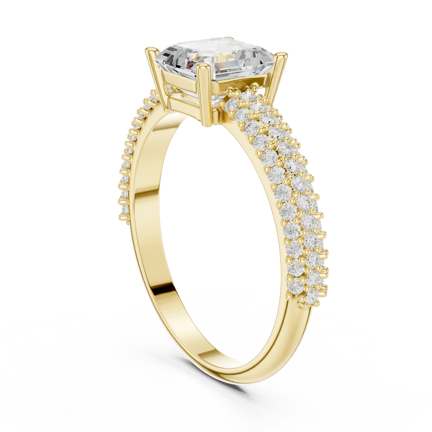 Angle-view: Cushion Diamond Ring with Prong Setting in 14K Yellow Gold – Lab Grown – Driona Jewels
