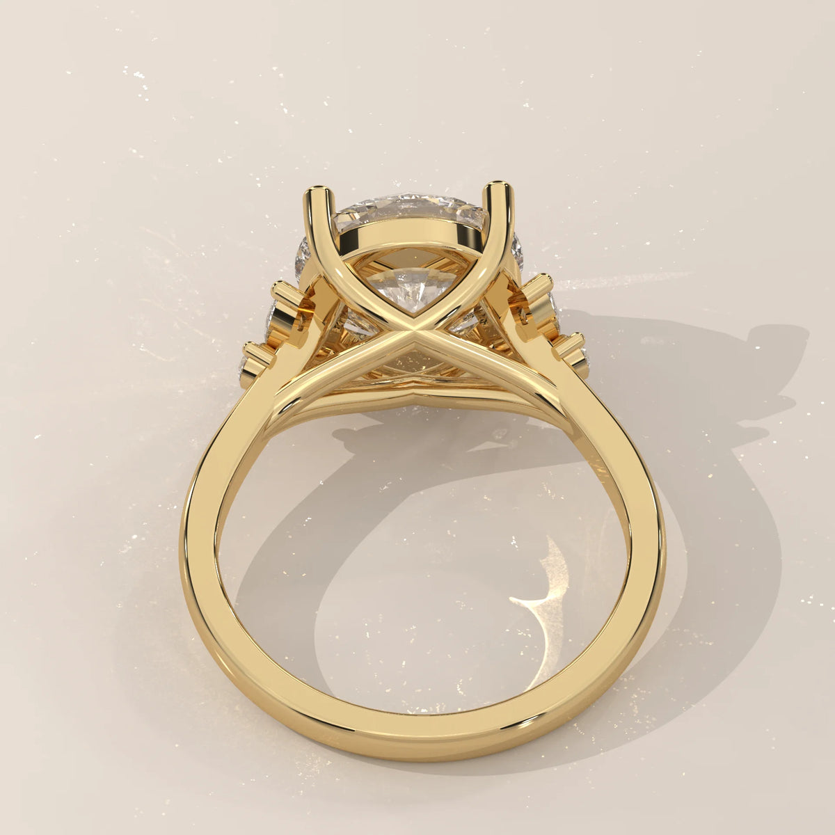 Round Lab Grown Diamond Ring with Marquise and Round Side Accents in yellow gold, shown on a plain background.