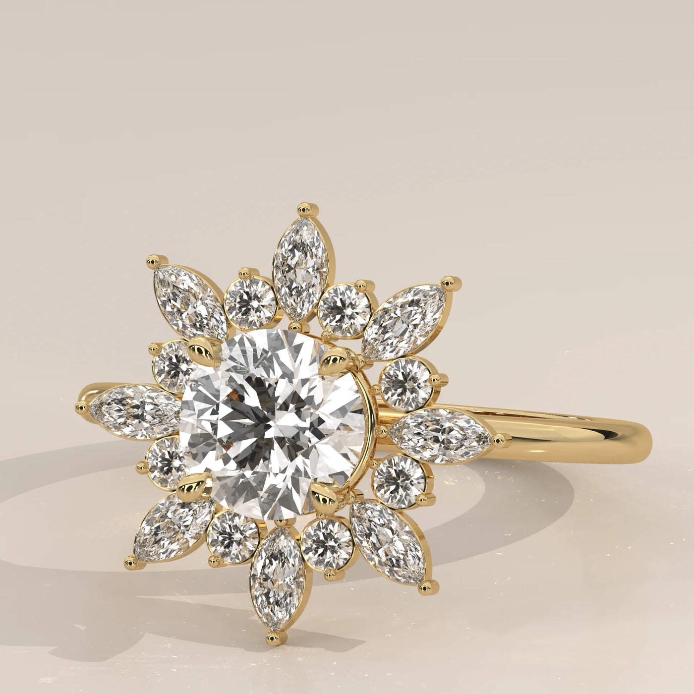 Yellow gold ring with a central round diamond surrounded by marquise and round accent diamonds.