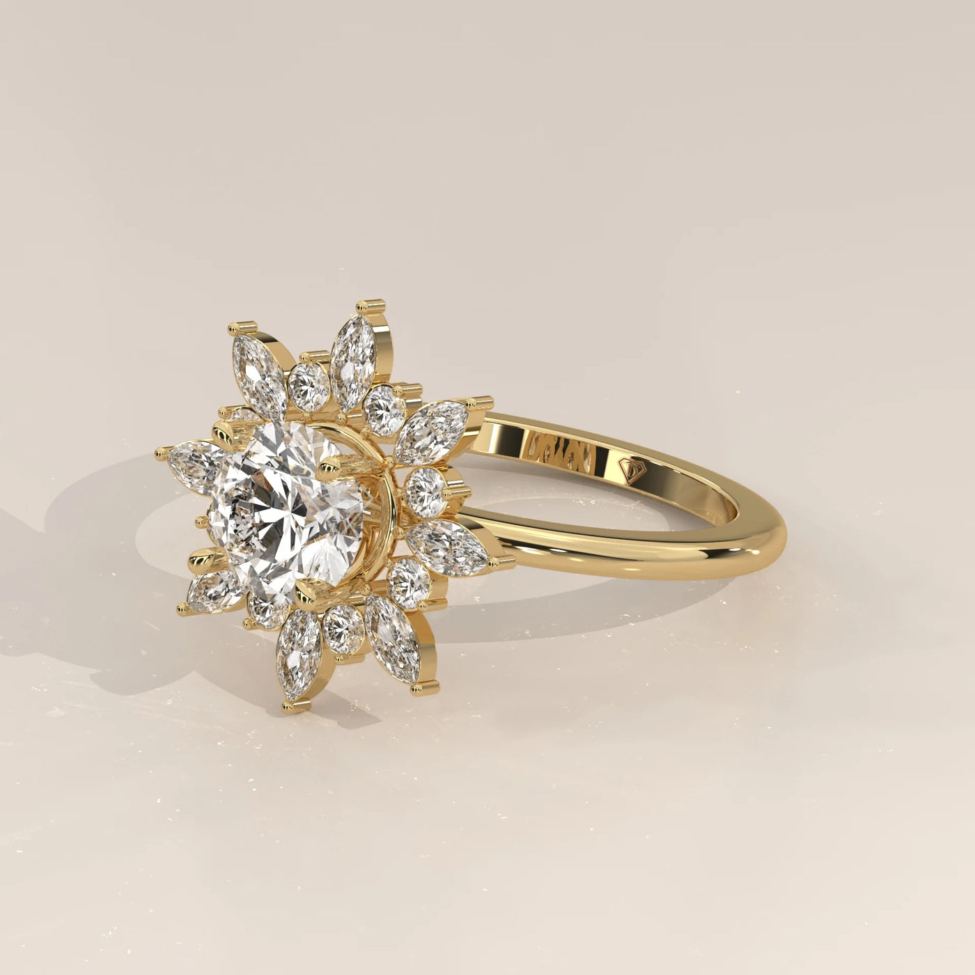 A detailed yellow gold ring with a central diamond surrounded by smaller diamonds in a floral pattern.