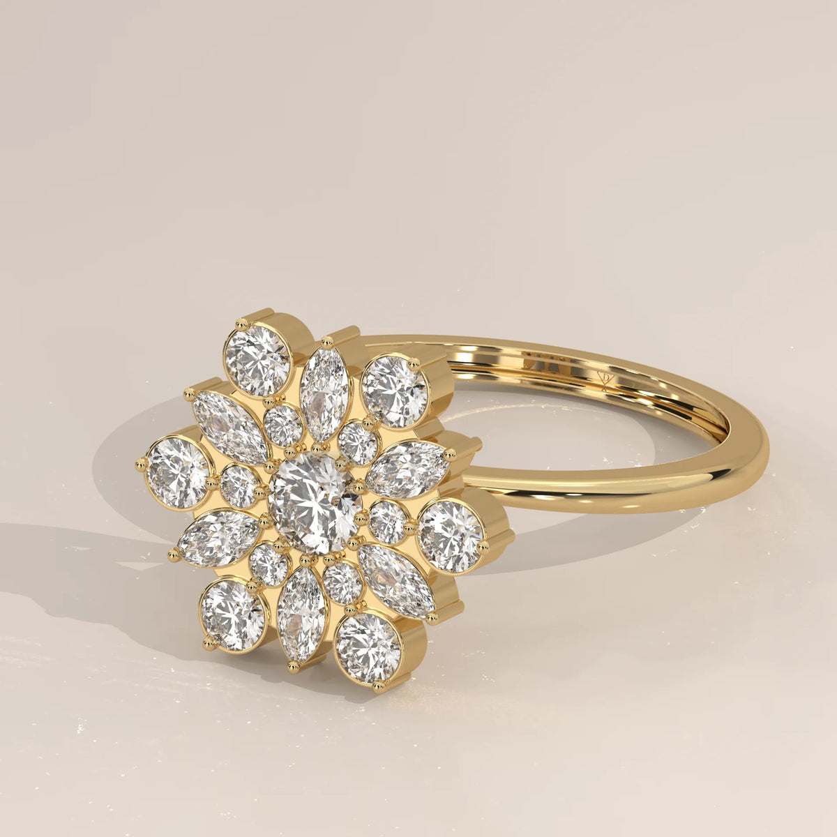 Round Lab Grown Diamond Flower Cluster Ring with Marquise Petals in yellow gold, shown from the side.
