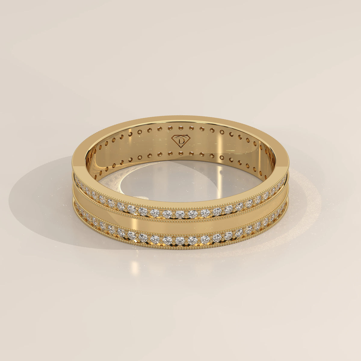 Round Lab Grown Diamond Double Row Pave Band with Milgrain Edges in yellow gold, shown at an angle.