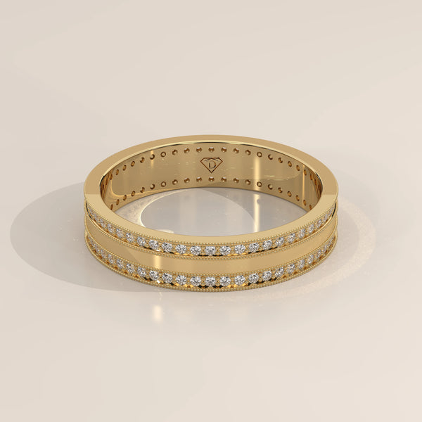 Round Lab Grown Diamond Double Row Pave Band with Milgrain Edges in yellow gold, shown at an angle.