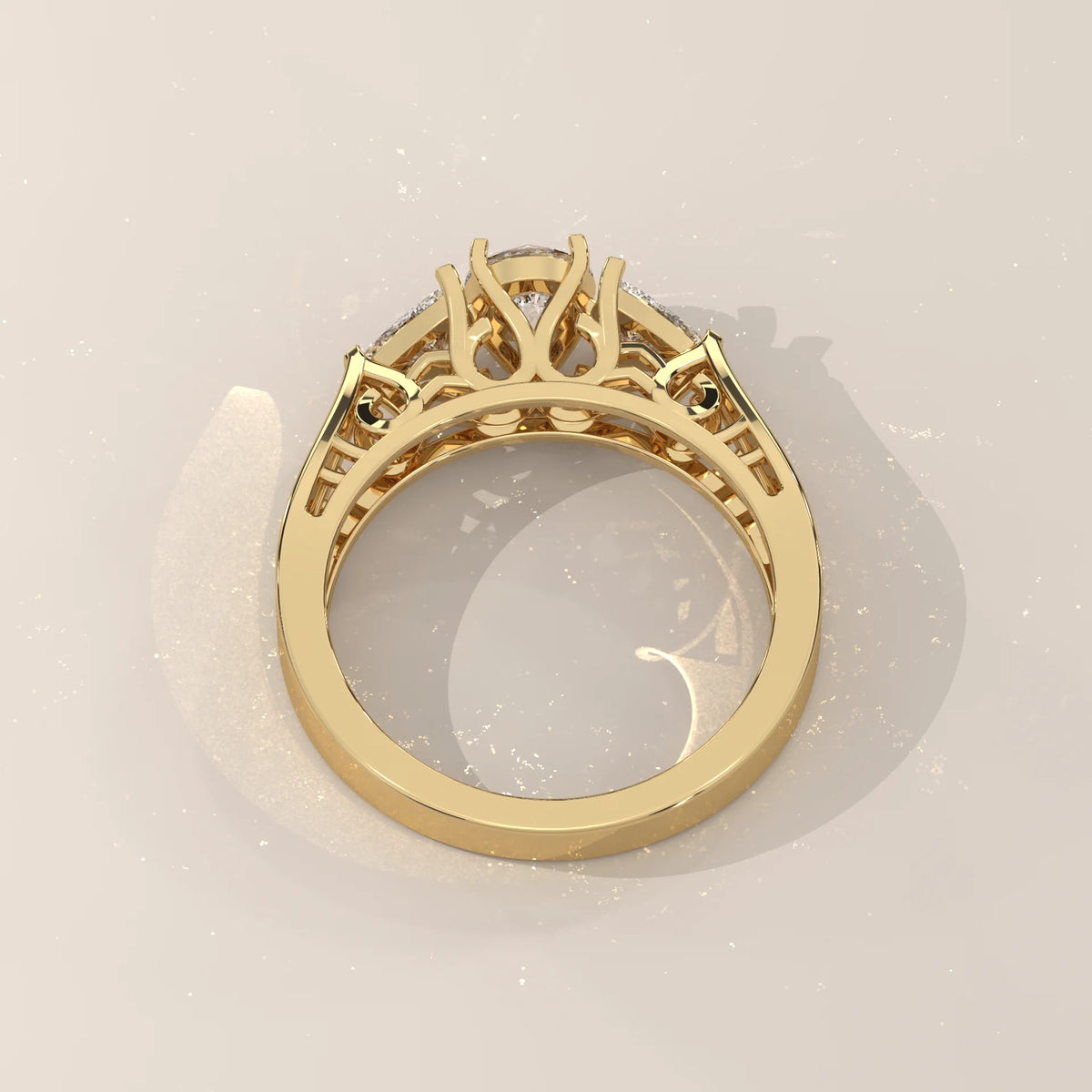 Round and Trillion Lab Grown Diamond Three Stone Filigree Ring in yellow gold, shown on a plain background.