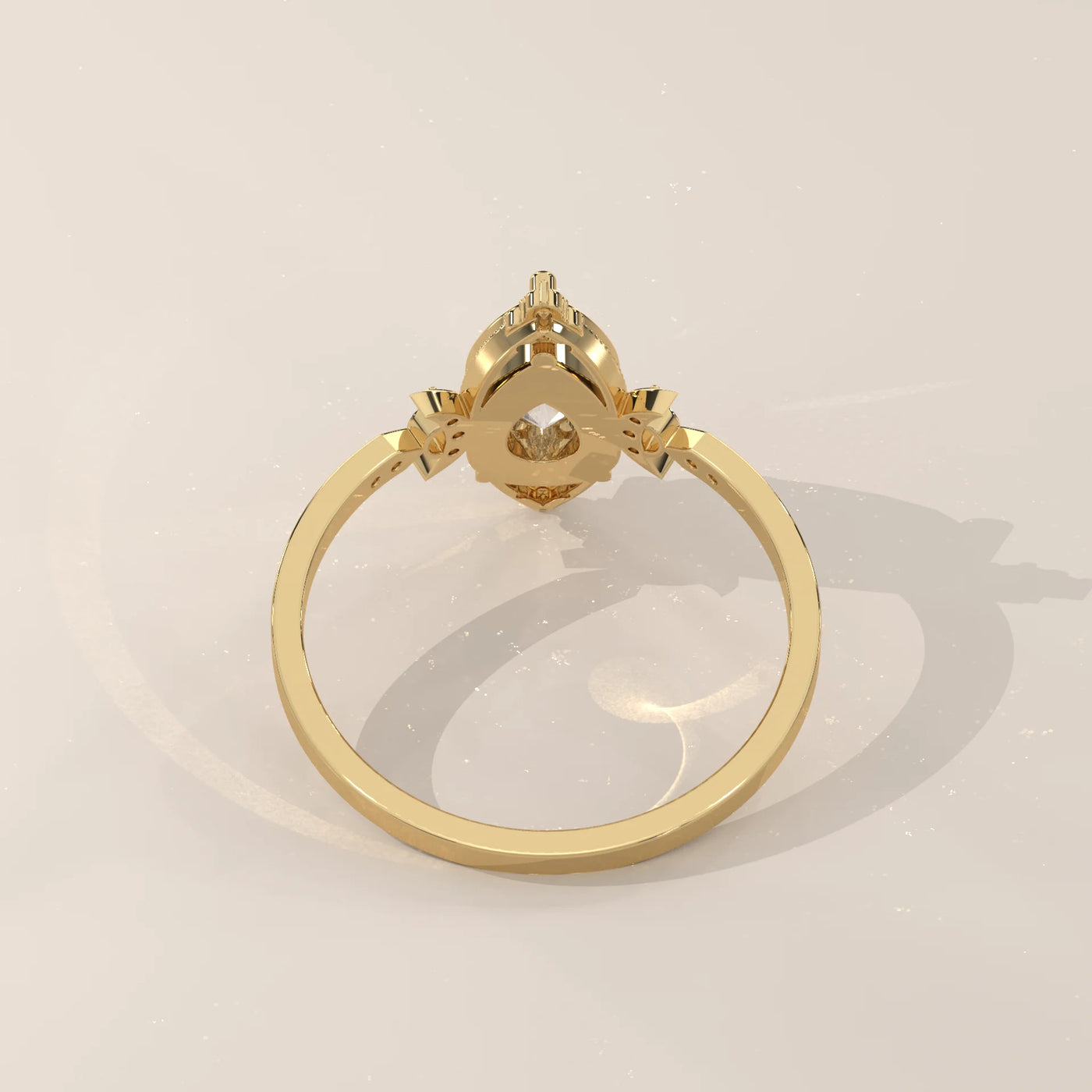 A yellow gold ring with a central diamond, viewed from the back.