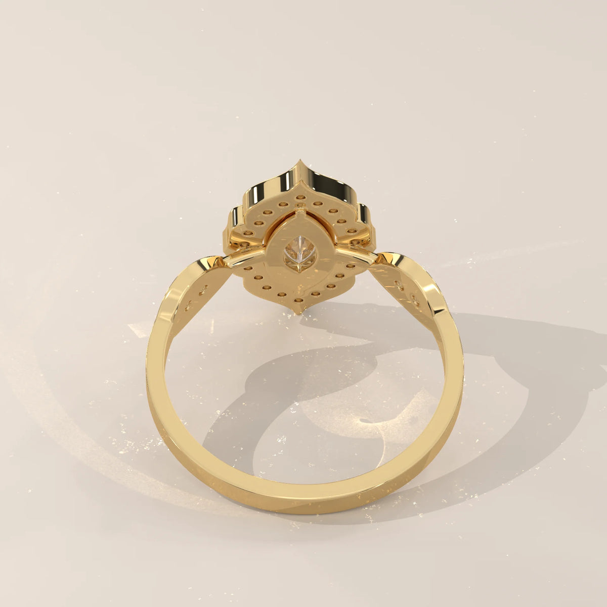Marquise Lab Grown Diamond Vintage Halo Ring with Almond Shoulders in yellow gold, shown on a plain background.