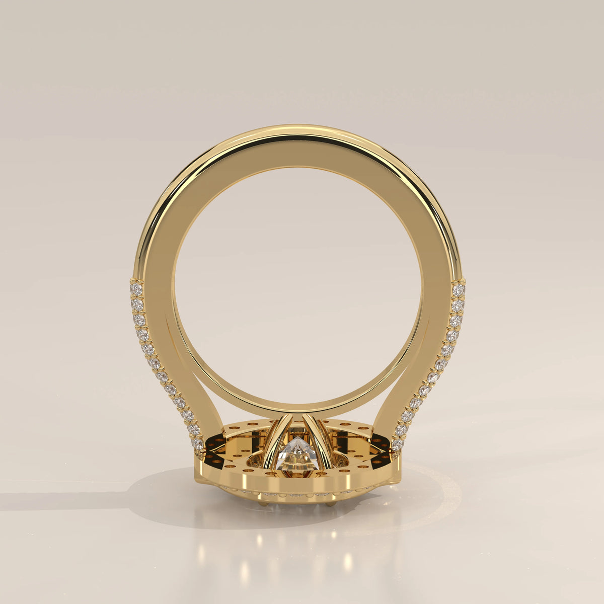 Oval Lab Grown Diamond Double Halo Ring with Pointed Inner Frame in yellow gold, product photograph on a plain background.