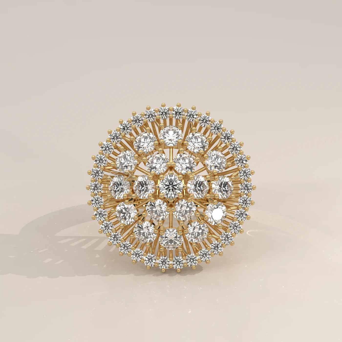 A delicate 14k gold ring featuring a central diamond surrounded by a floral pattern of smaller diamonds.
