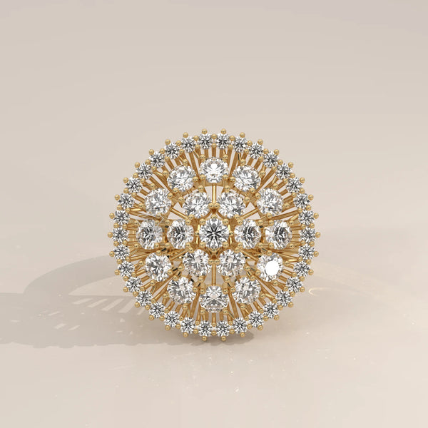 A delicate 14k gold ring featuring a central diamond surrounded by a floral pattern of smaller diamonds.