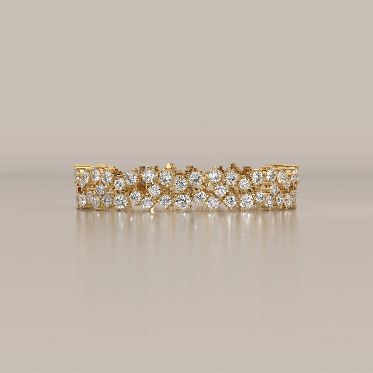 A delicate double-row diamond band ring in 14k yellow gold.