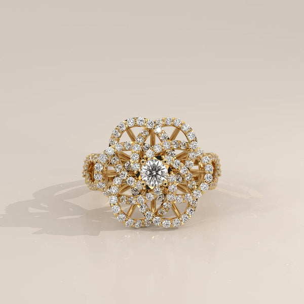 A delicate 14k gold ring featuring a central diamond surrounded by a floral pattern of smaller diamonds.