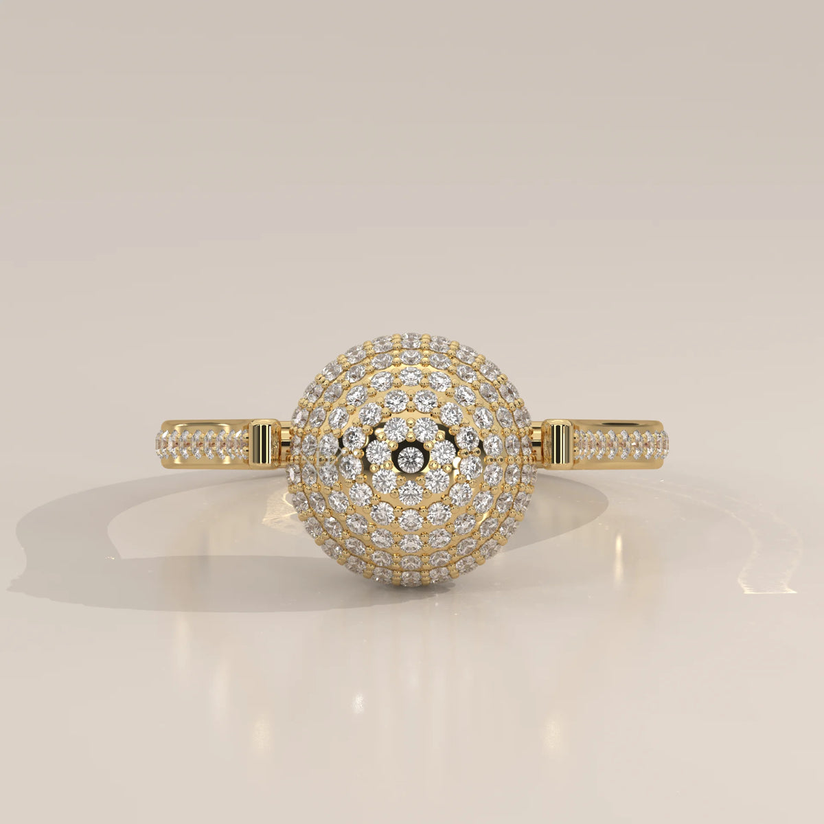 Round Lab Grown Diamond Pave Sphere Ring on a Pave Band in yellow gold, shown from the front.