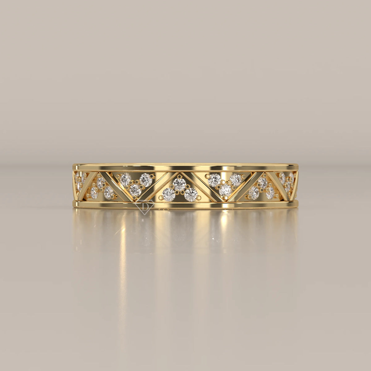 Round Lab Grown Diamond Geometric Triangle Band with Pave Clusters in yellow gold, shown from the front.