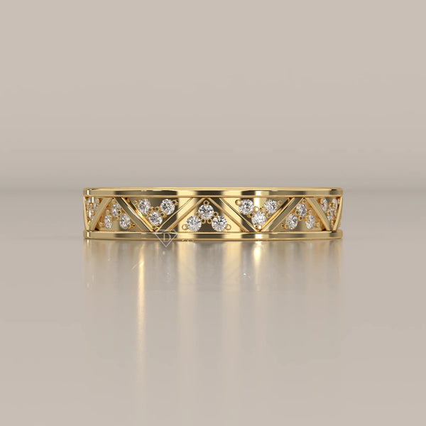 Round Lab Grown Diamond Geometric Triangle Band with Pave Clusters in yellow gold, shown from the front.