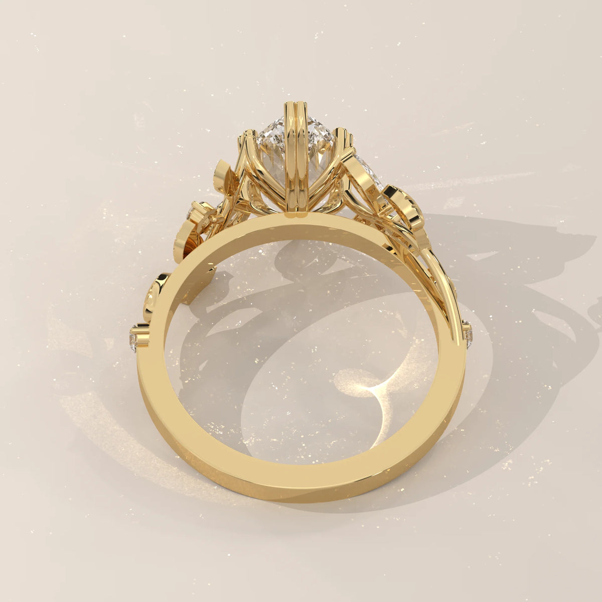 Marquise Lab Grown Diamond Vine Ring with Engraved Leaves in yellow gold, shown from the side.