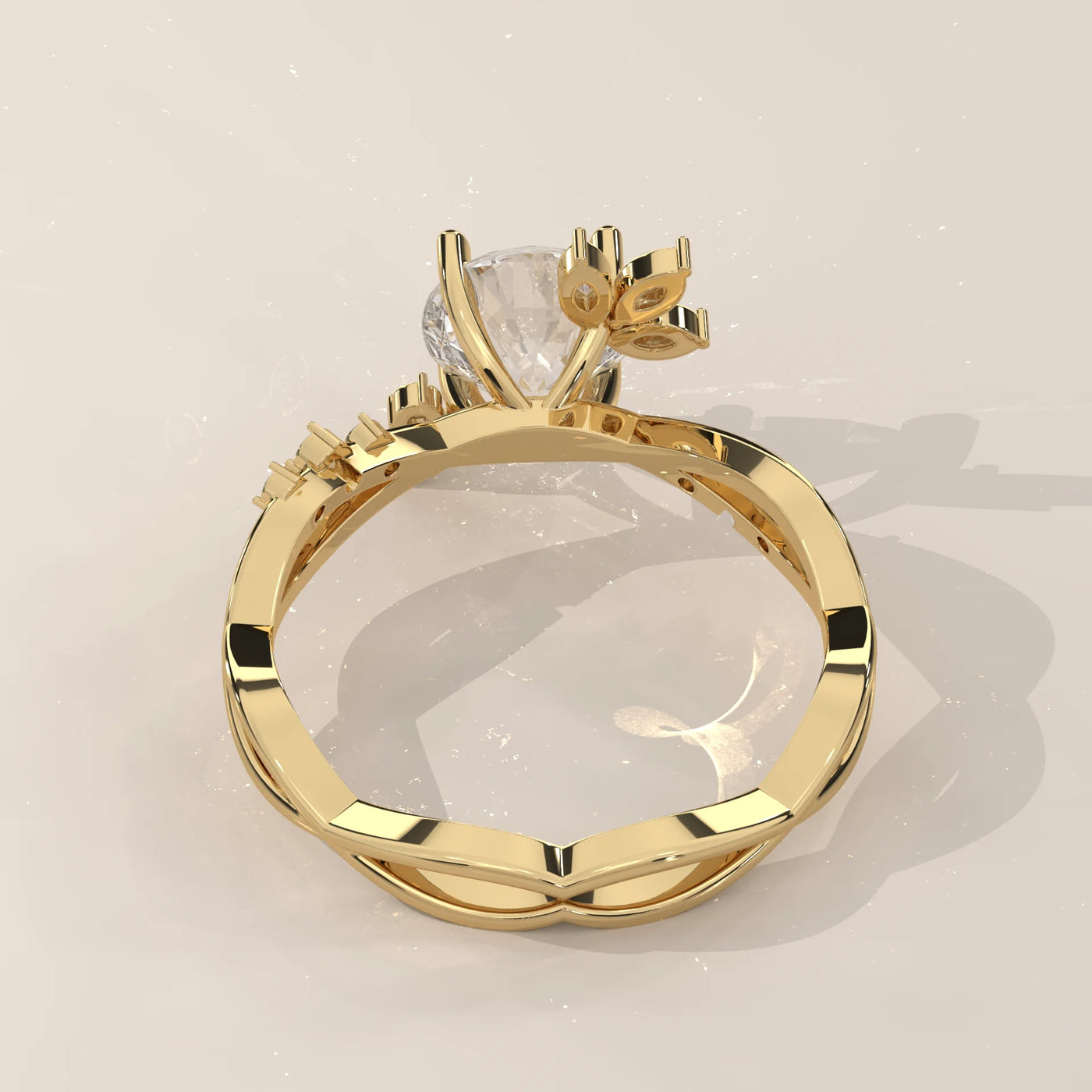 Gold ring with a large diamond and smaller stones on the band.