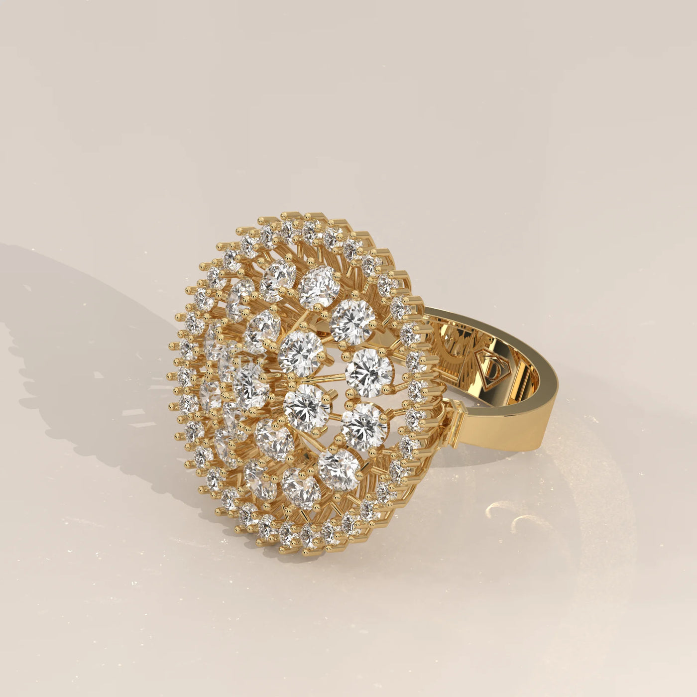 A detailed view of a gold ring featuring numerous small diamonds.