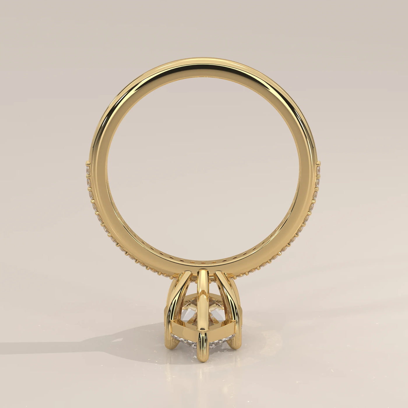 Side view of a 14k gold ring with a large diamond and diamond accents.