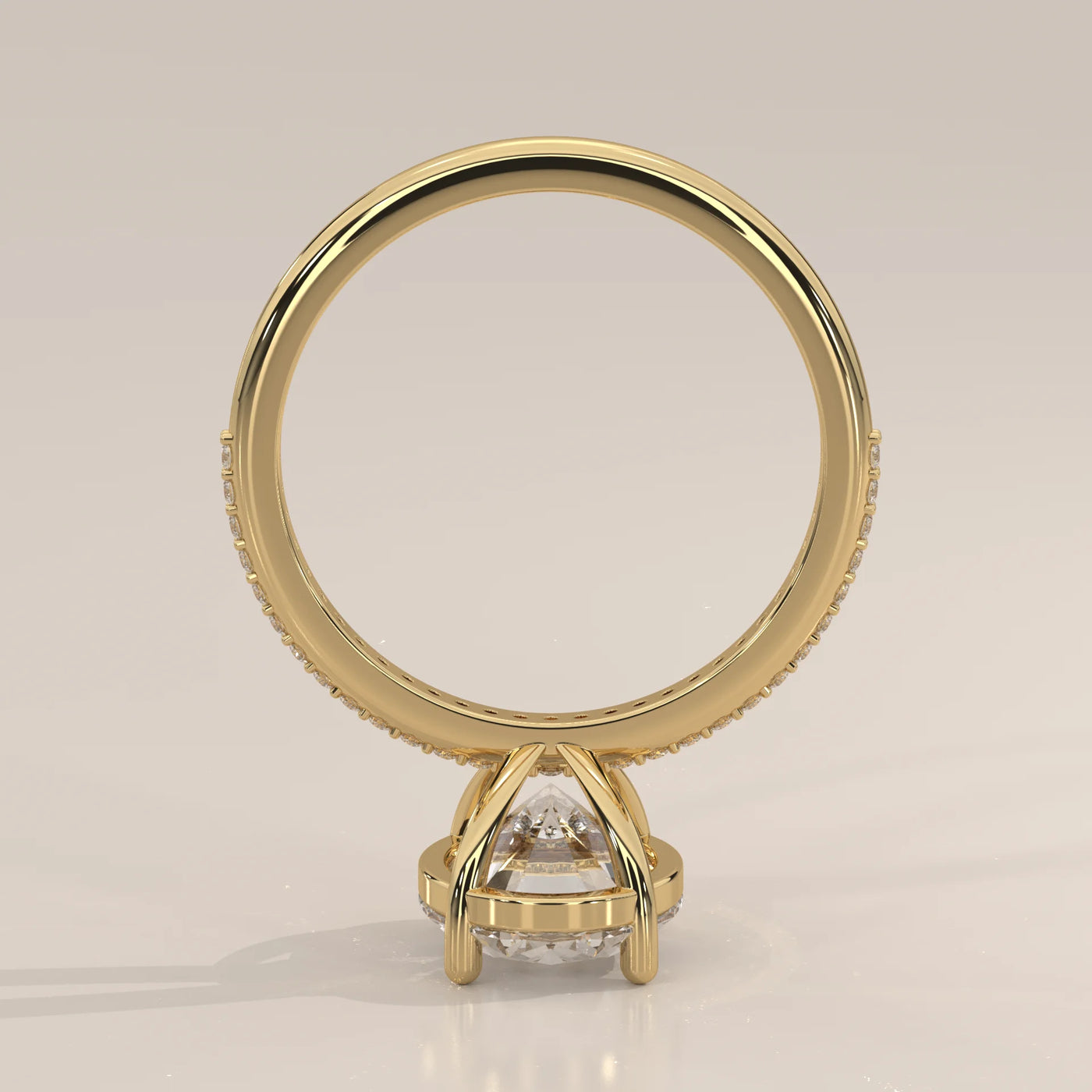 Side view of a 14k gold ring with a large diamond and diamond accents.