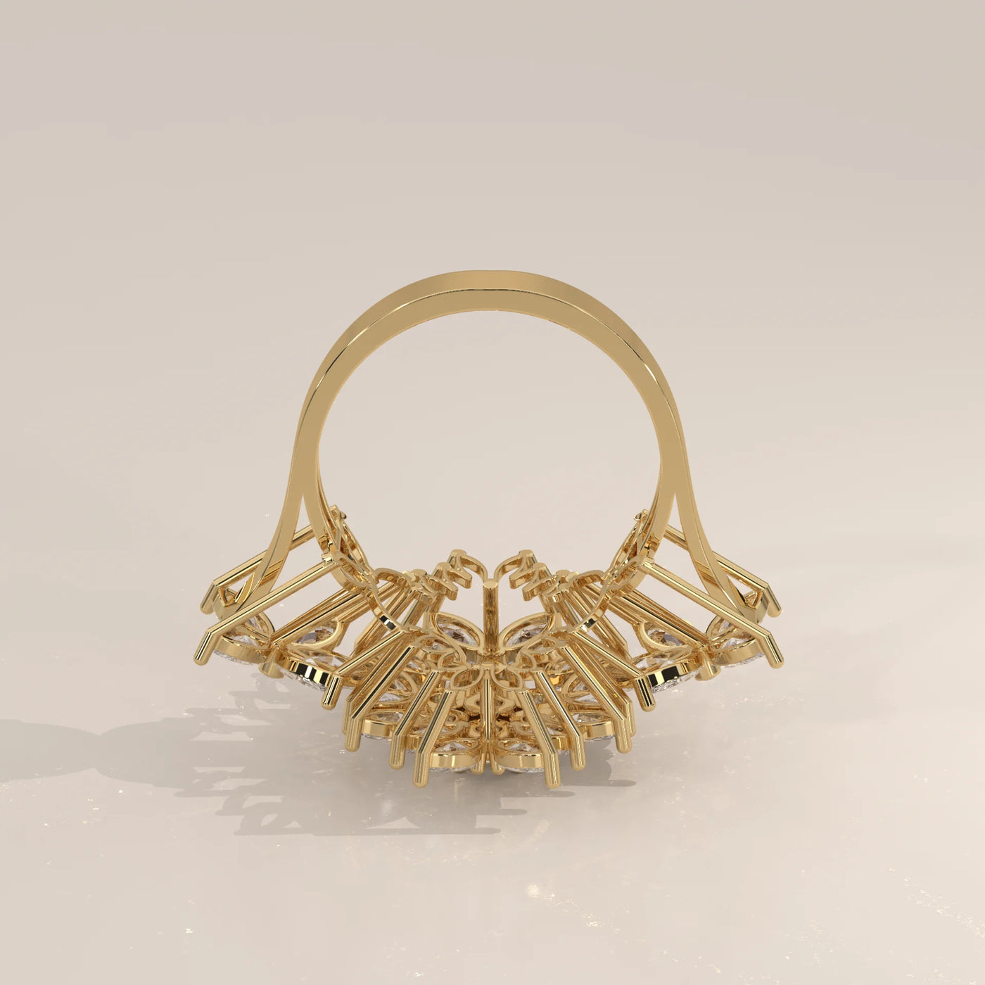 A detailed view of a gold ring featuring numerous small diamonds.