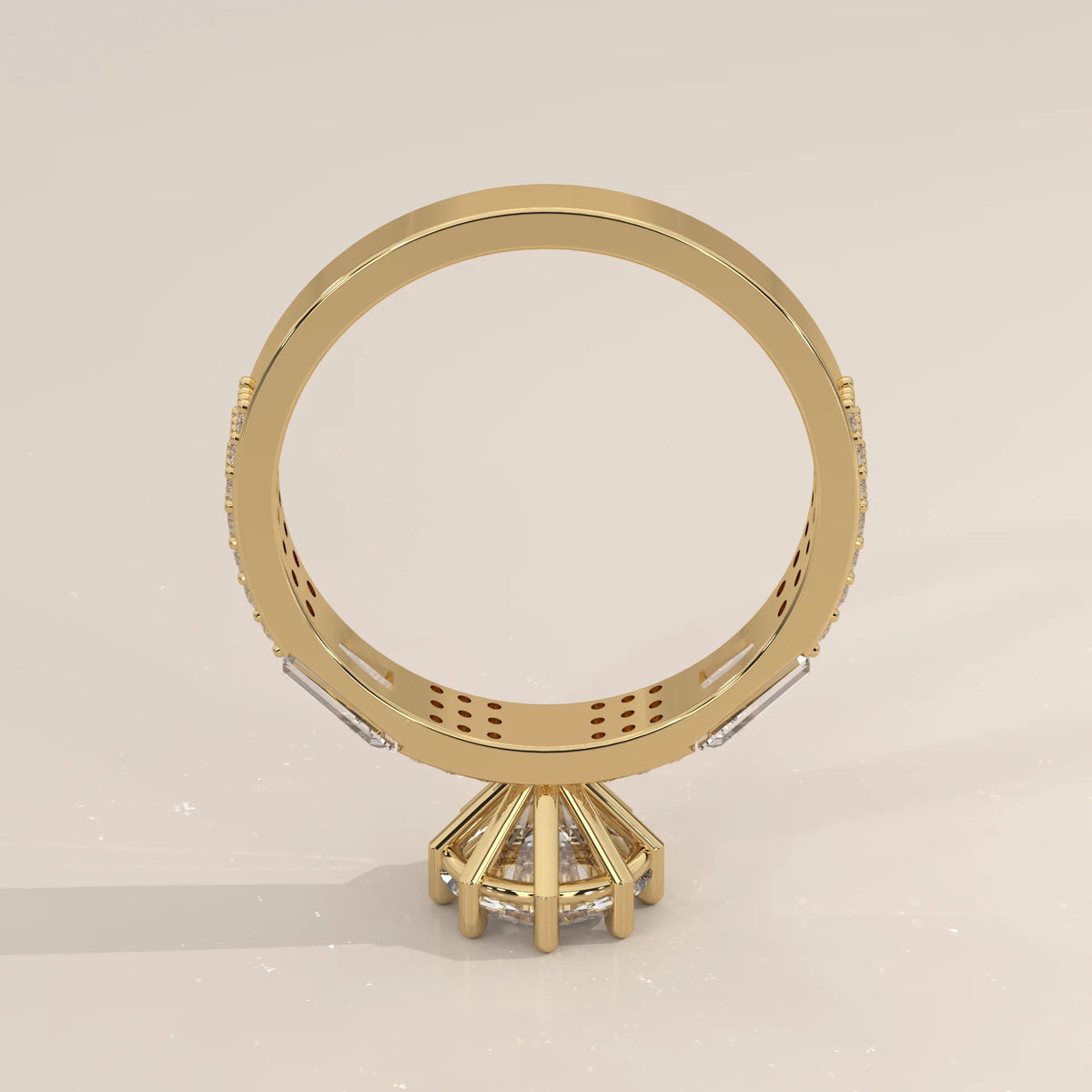 Round Lab Grown Diamond Ring with Baguette Shoulders and Double Pave in yellow gold, side profile view.