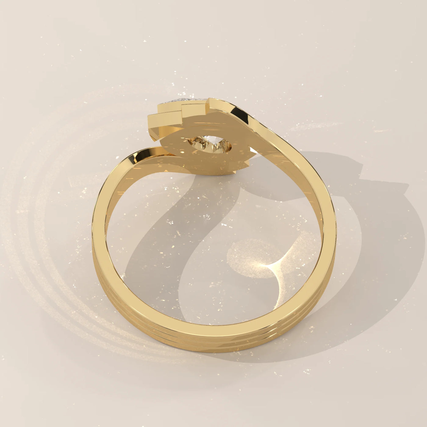 A detailed view of a gold ring featuring numerous small diamonds.
