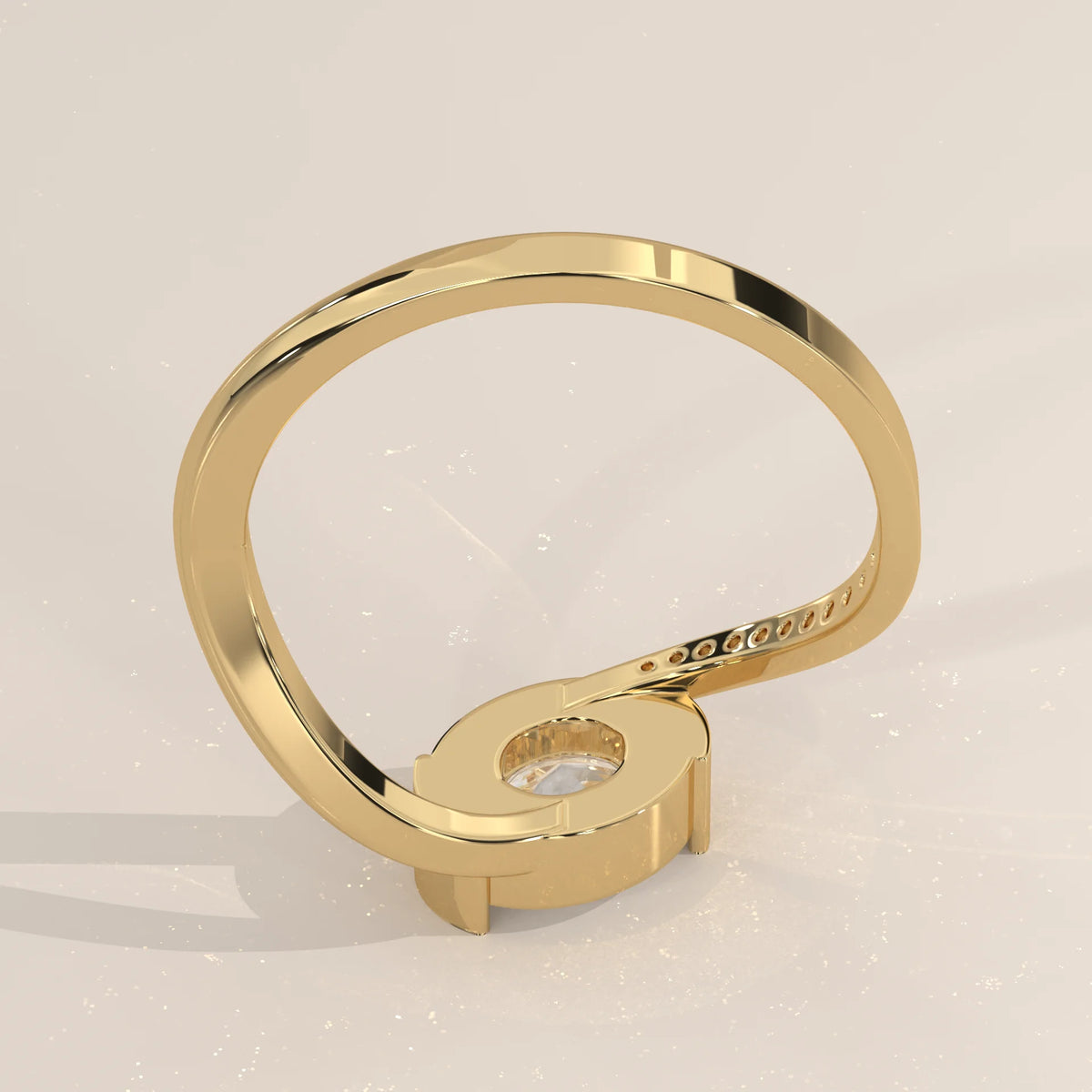 Oval Lab Grown Diamond Bypass Ring with Half Bezel and Pave Shoulder in yellow gold, photographed from the side.