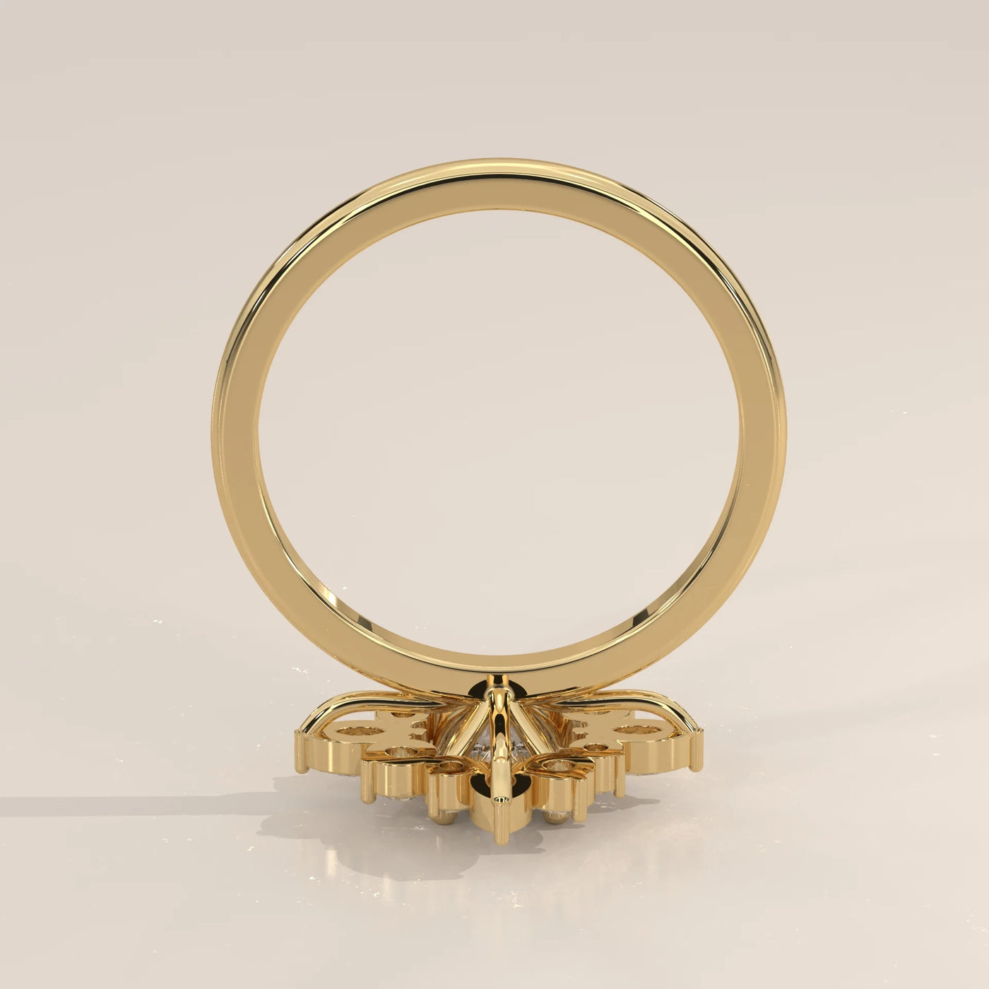 A detailed view of a gold ring featuring numerous small diamonds.