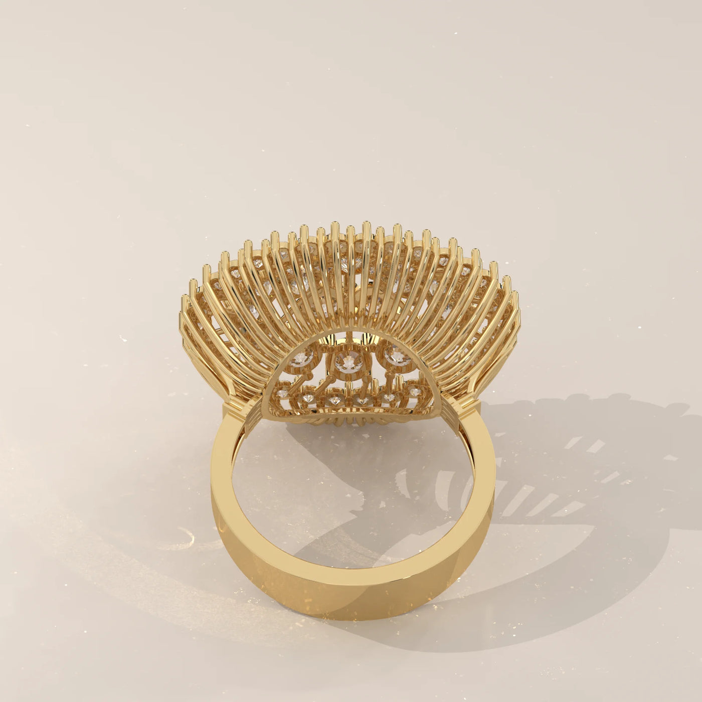 A detailed view of a gold ring featuring numerous small diamonds.