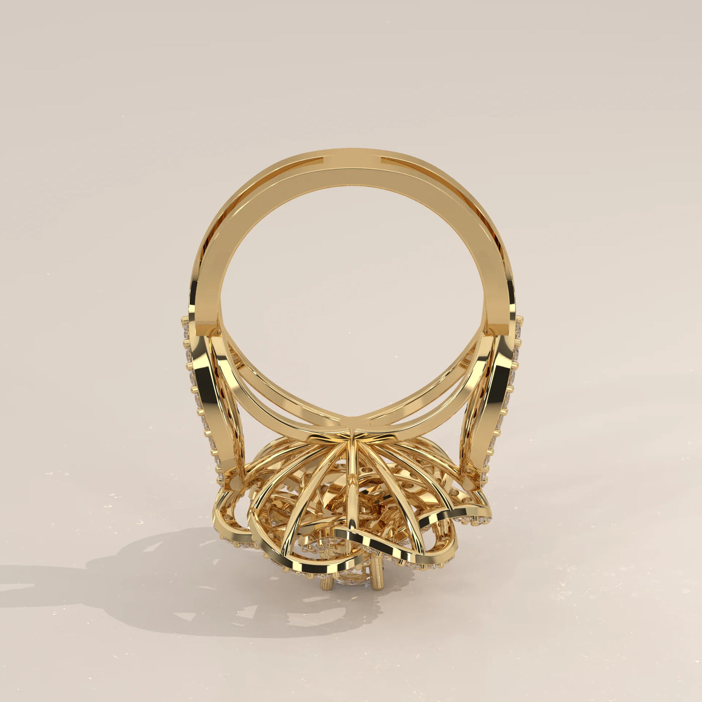 A detailed 14k gold ring with intricate diamond accents.