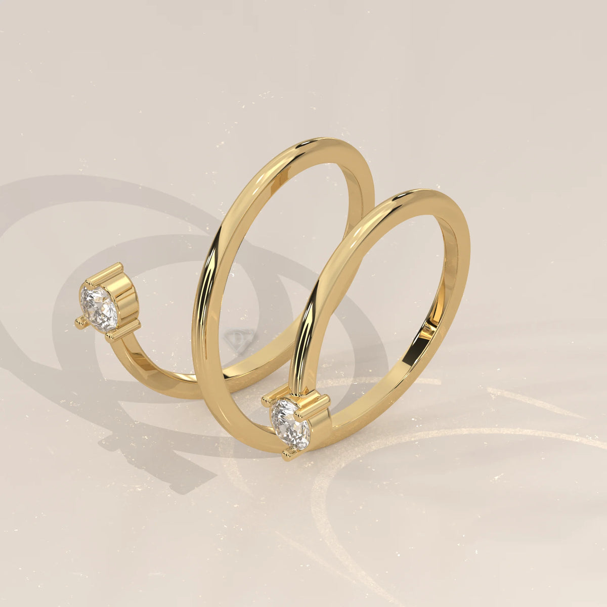 Round Lab Grown Diamond Spiral Wrap Ring with Two Claw Set Ends in yellow gold, shown on a plain background.