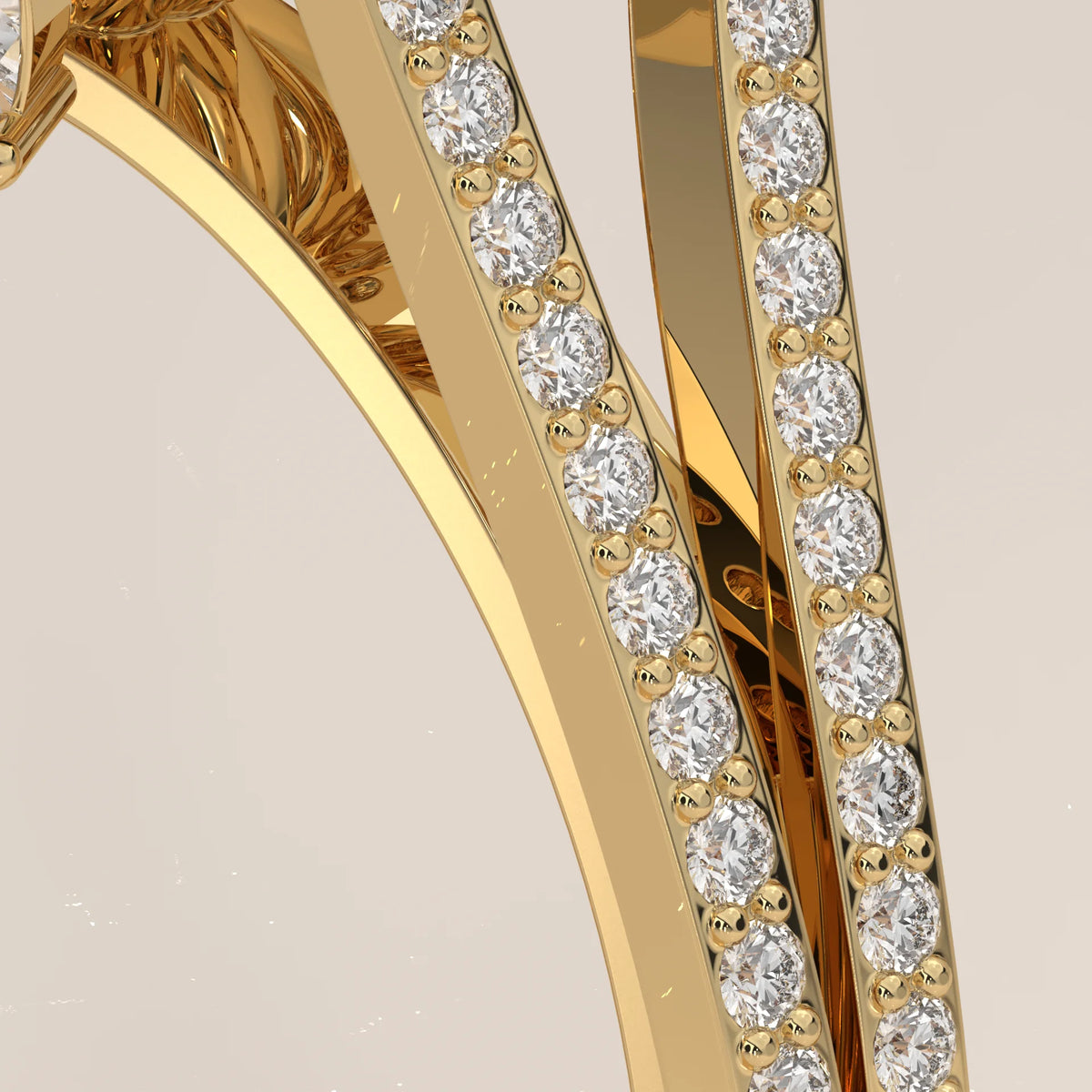 Round Lab Grown Diamond Twelve Point Halo Ring with Split Shank in yellow gold, product photograph on a plain background.