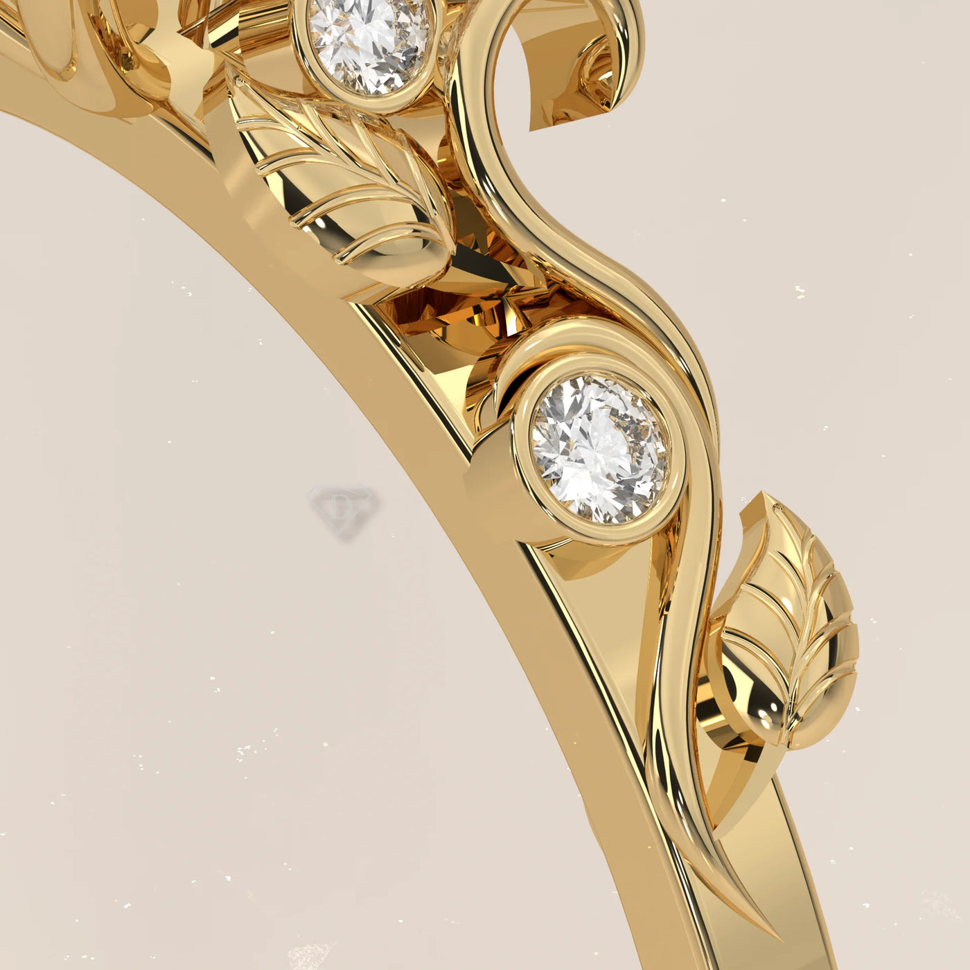 Close-up side view of a delicate 18k gold ring with small diamonds and leaf designs.