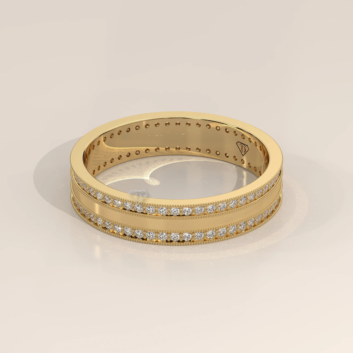 Round Lab Grown Diamond Double Row Pave Band with Milgrain Edges in yellow gold, photographed at a three-quarter angle.