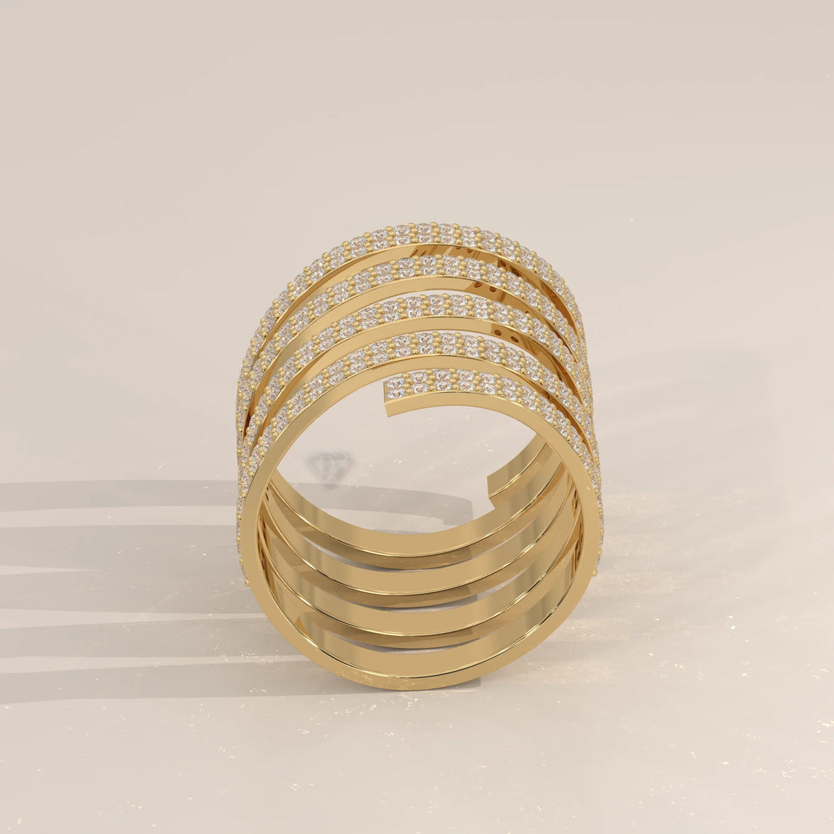 Round Lab Grown Diamond Five Coil Wrap Ring with Triple Row Pave in yellow gold, shown from the side.