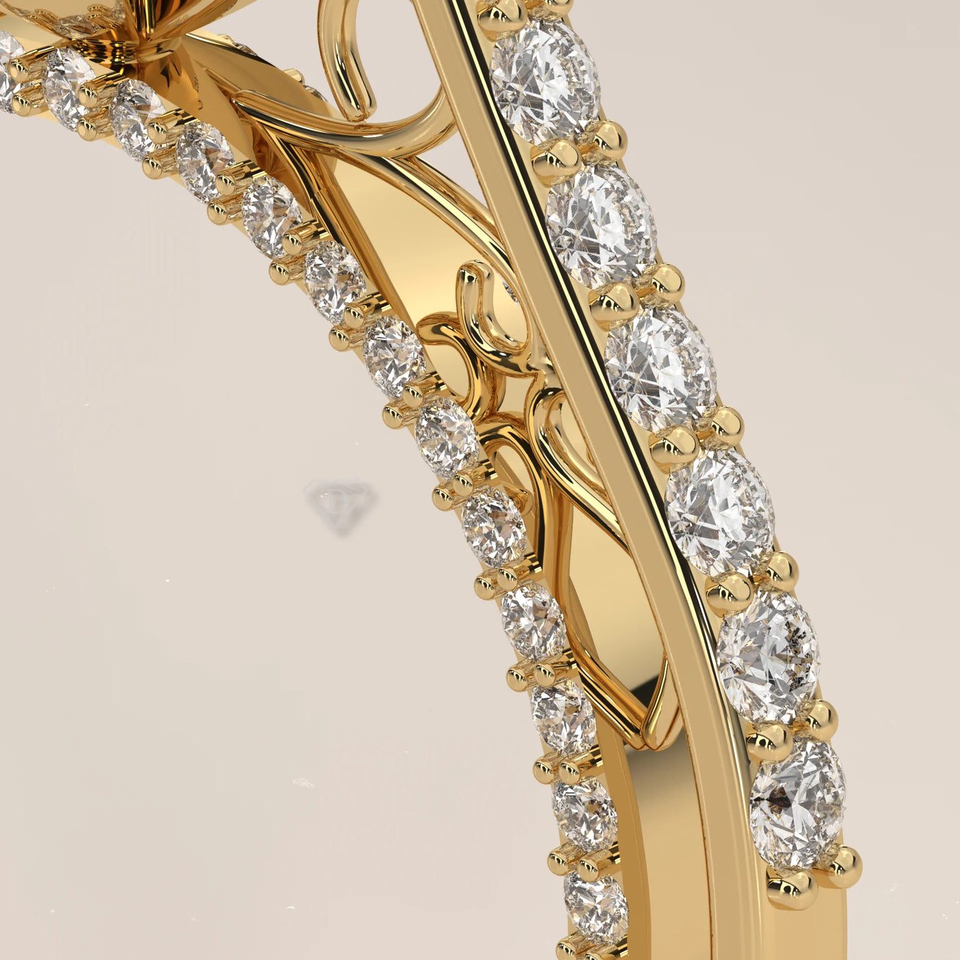 Close-up of a delicate gold ring with pave diamonds.