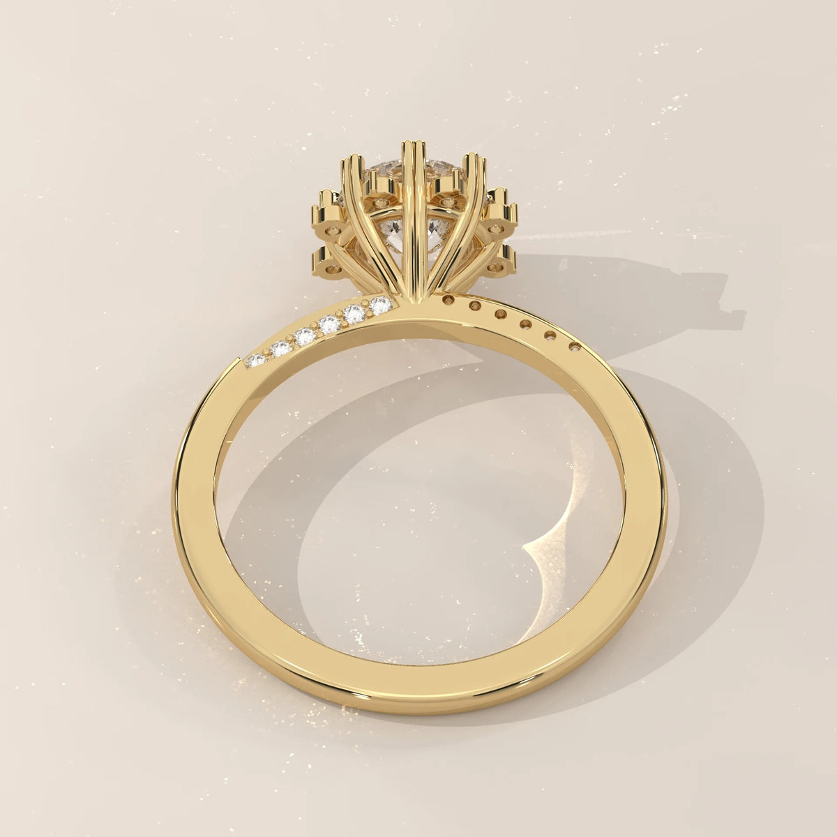 A side view of a classic 18k yellow gold engagement ring with diamonds.