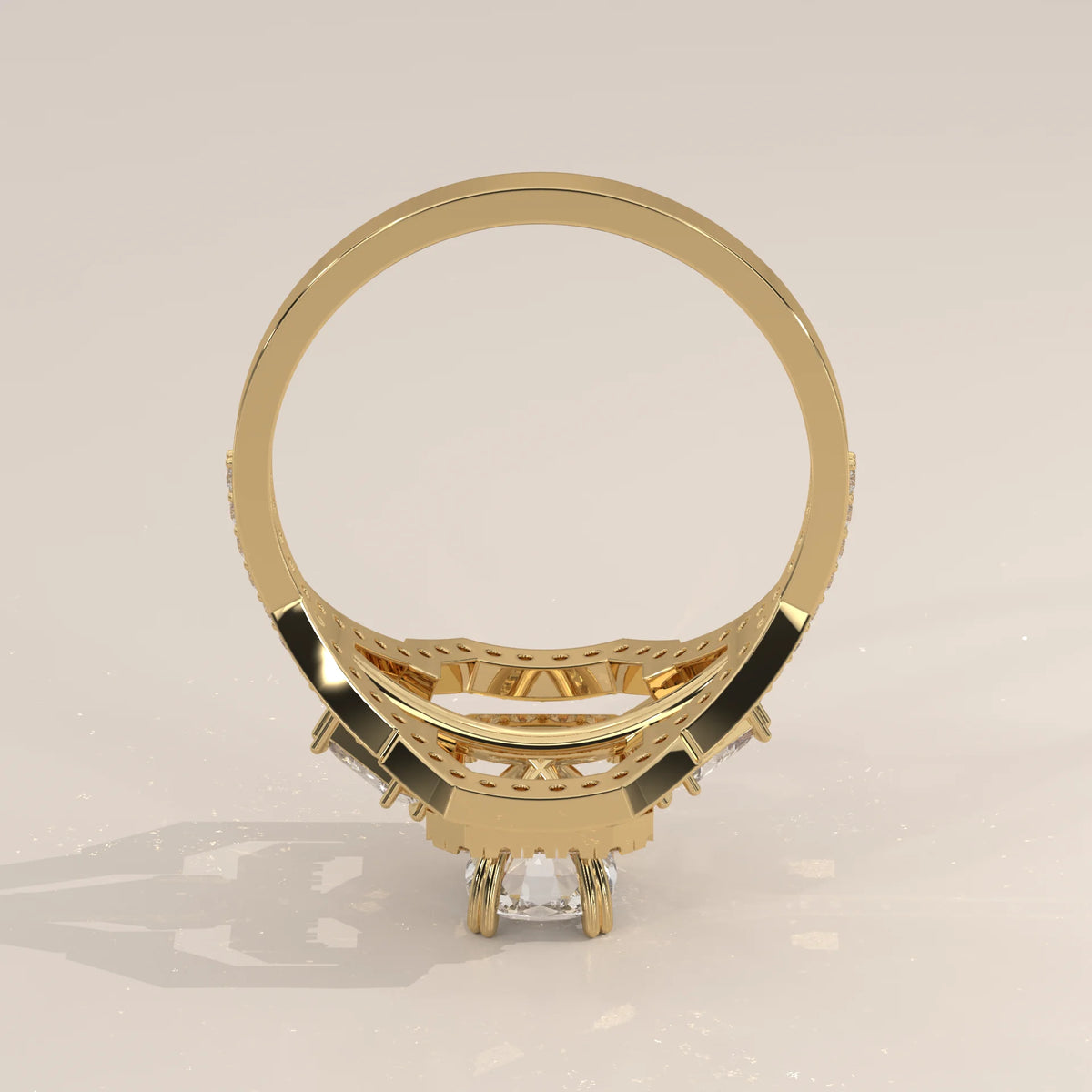 Cushion Lab Grown Diamond Art Deco Halo Ring with Shield Side Stones in yellow gold, photographed from the side.