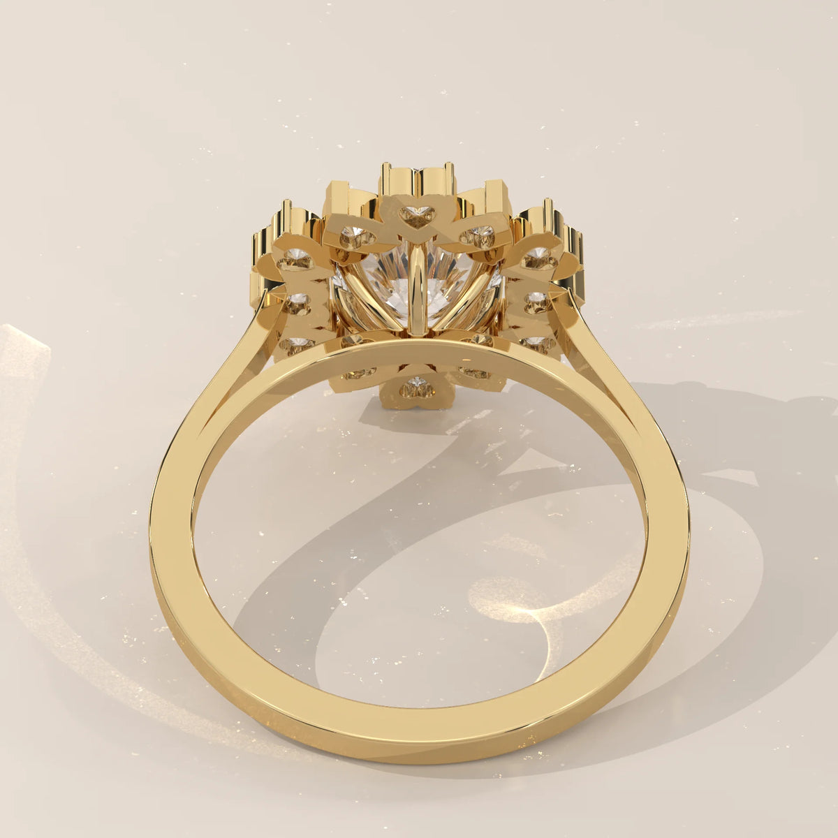 Round Lab Grown Diamond Flower Halo Ring with Heart Petals in yellow gold, shown on a plain background.