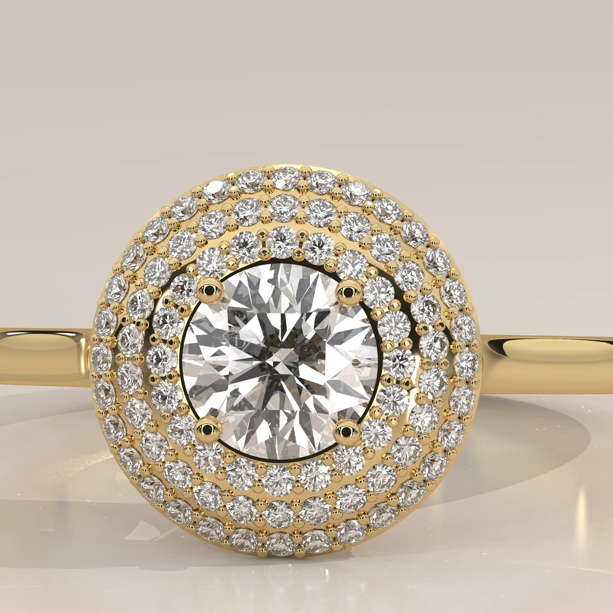 Round Lab Grown Diamond Domed Triple Halo Pave Ring in yellow gold, photographed head-on.