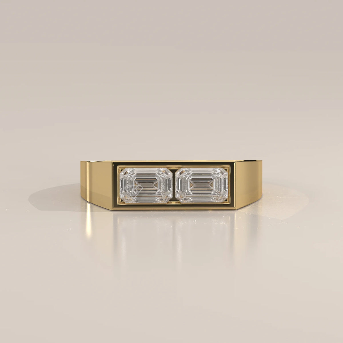 Emerald Cut Lab Grown Diamond Two Stone Signet Ring for Men in yellow gold, photographed head-on.