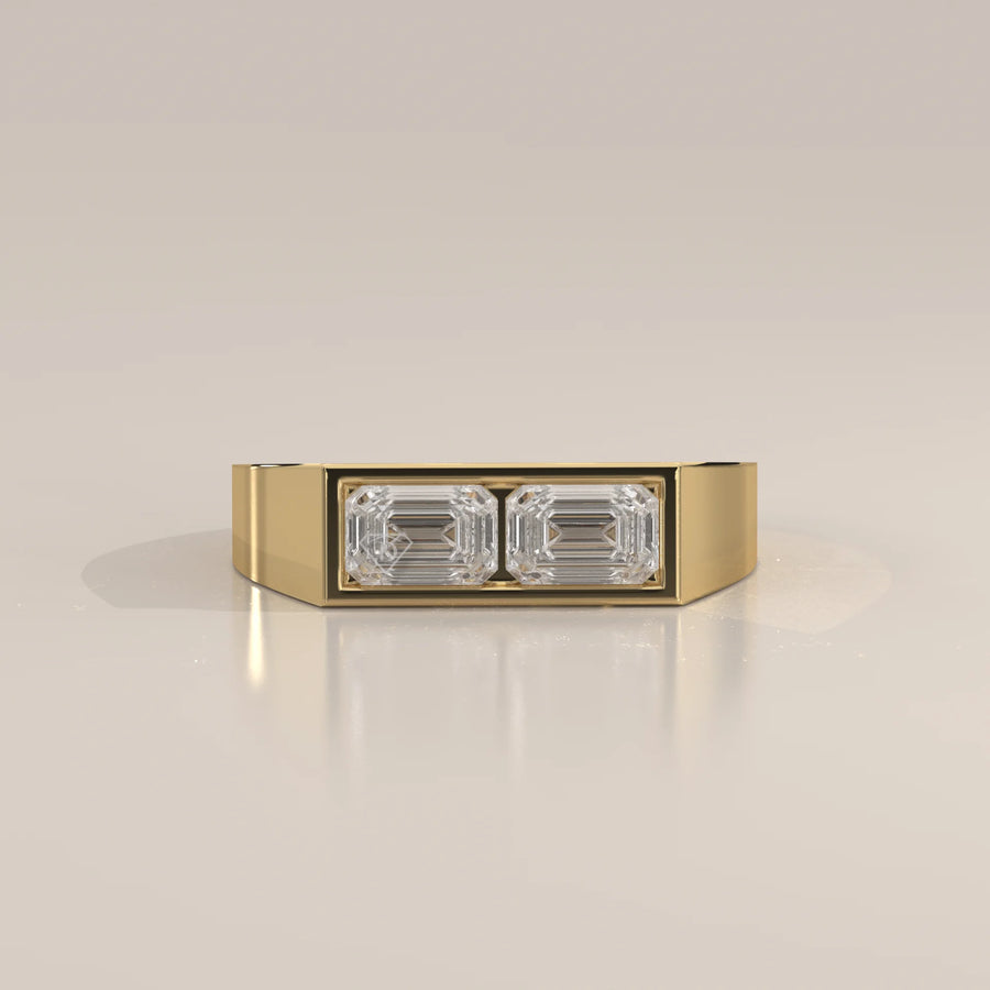 Emerald Cut Lab Grown Diamond Two Stone Signet Ring for Men in yellow gold, photographed head-on.