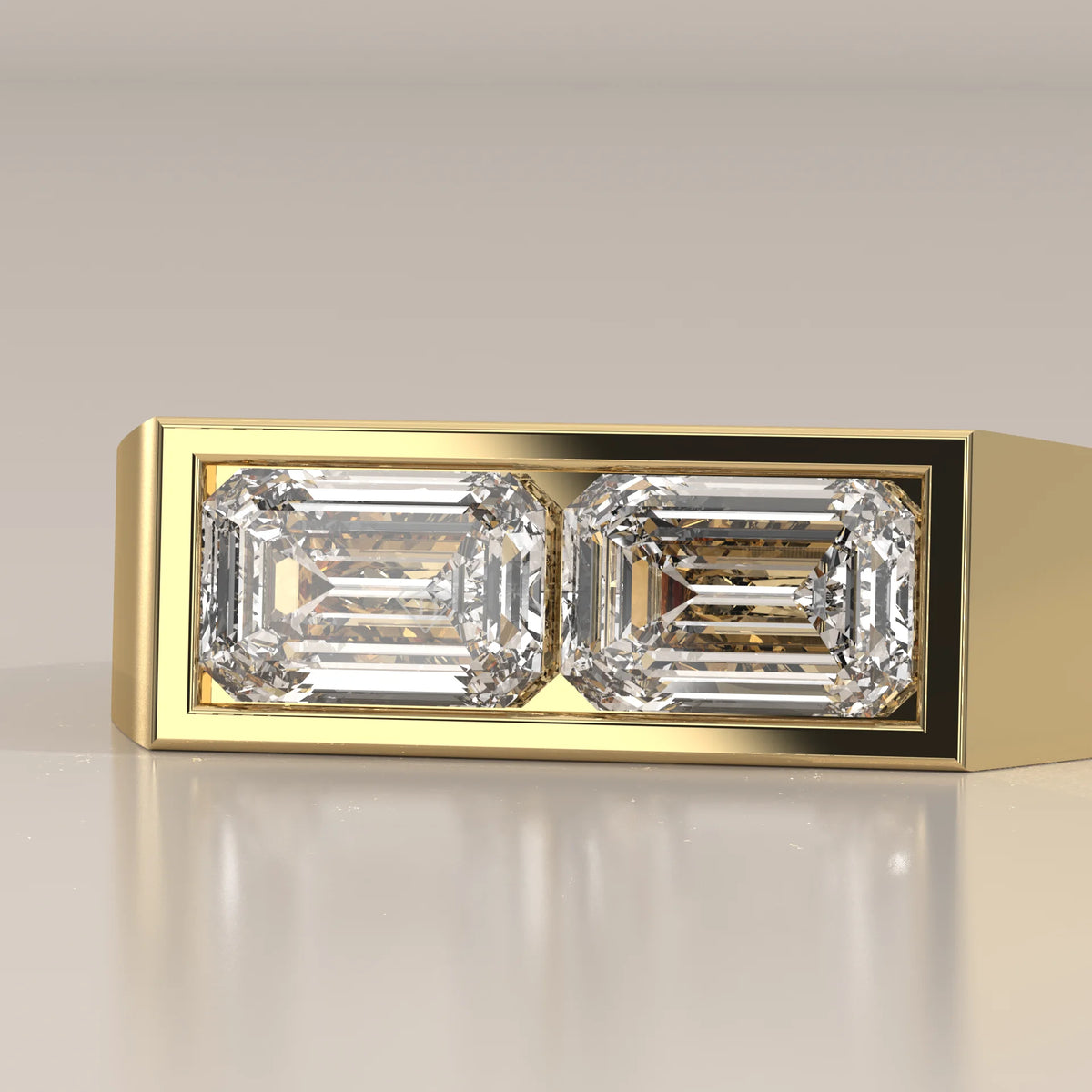 Emerald Cut Lab Grown Diamond Two Stone Signet Ring for Men in yellow gold, front view on a plain background.