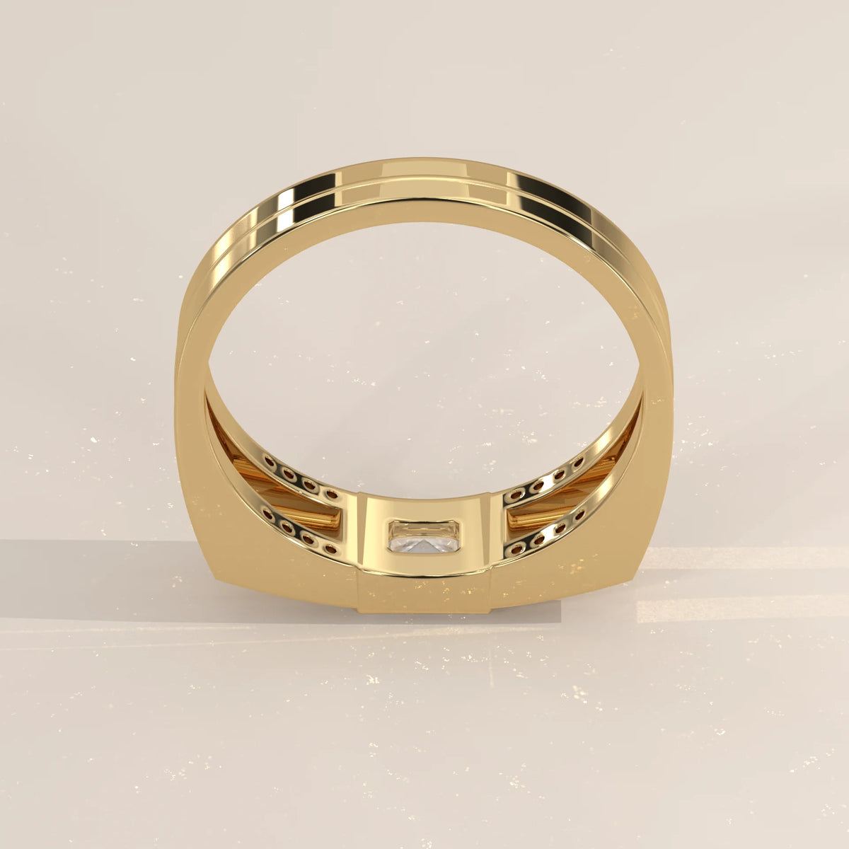 Radiant Lab Grown Diamond East West Bezel Ring with Split Rails in yellow gold, shown from the side.