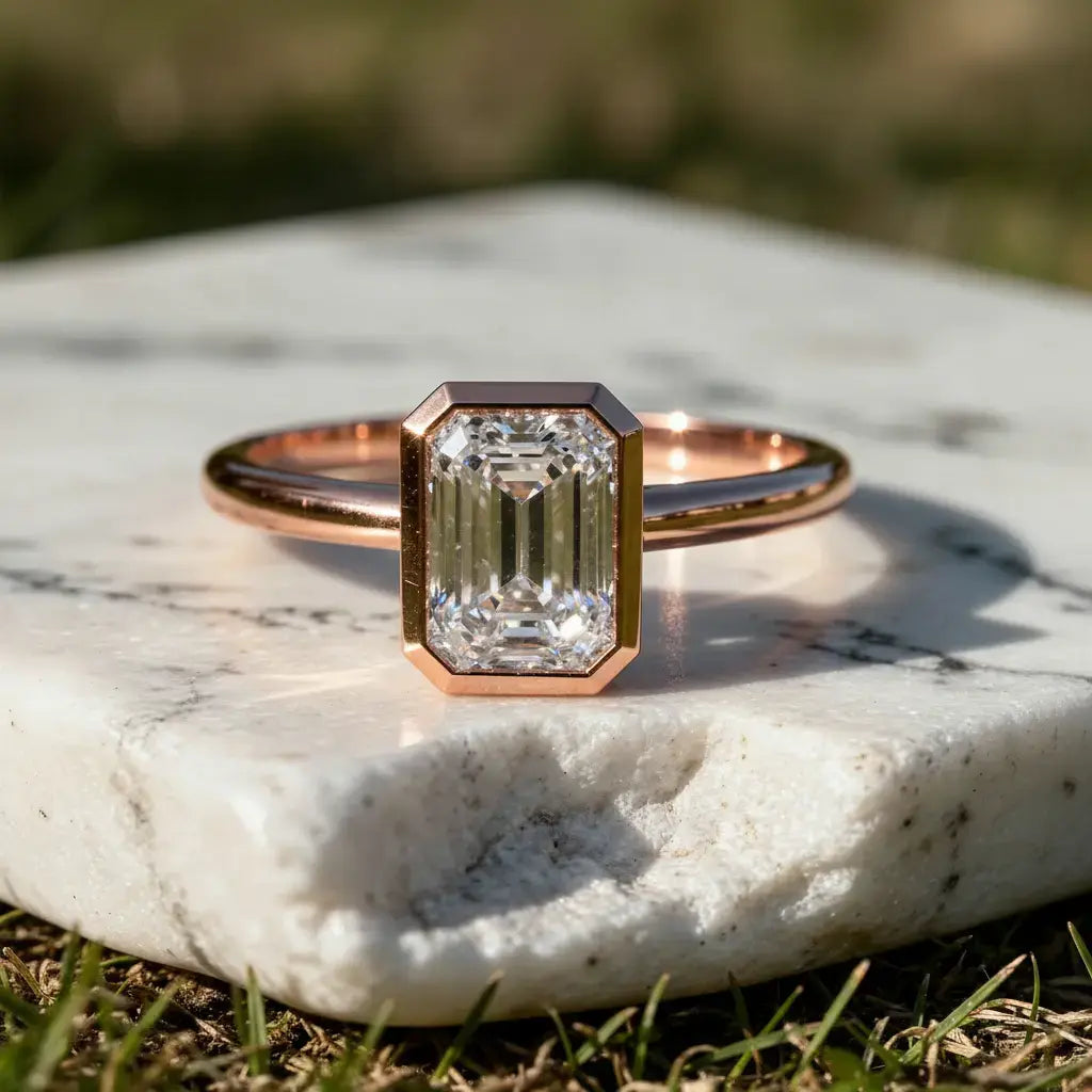 Front-view: Emerald Diamond Ring with Bezel Setting in 14k Rose Gold - Lab Grown - Driona Jewels