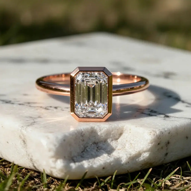 Front-view: Emerald Diamond Ring with Bezel Setting in 14k Rose Gold - Lab Grown - Driona Jewels