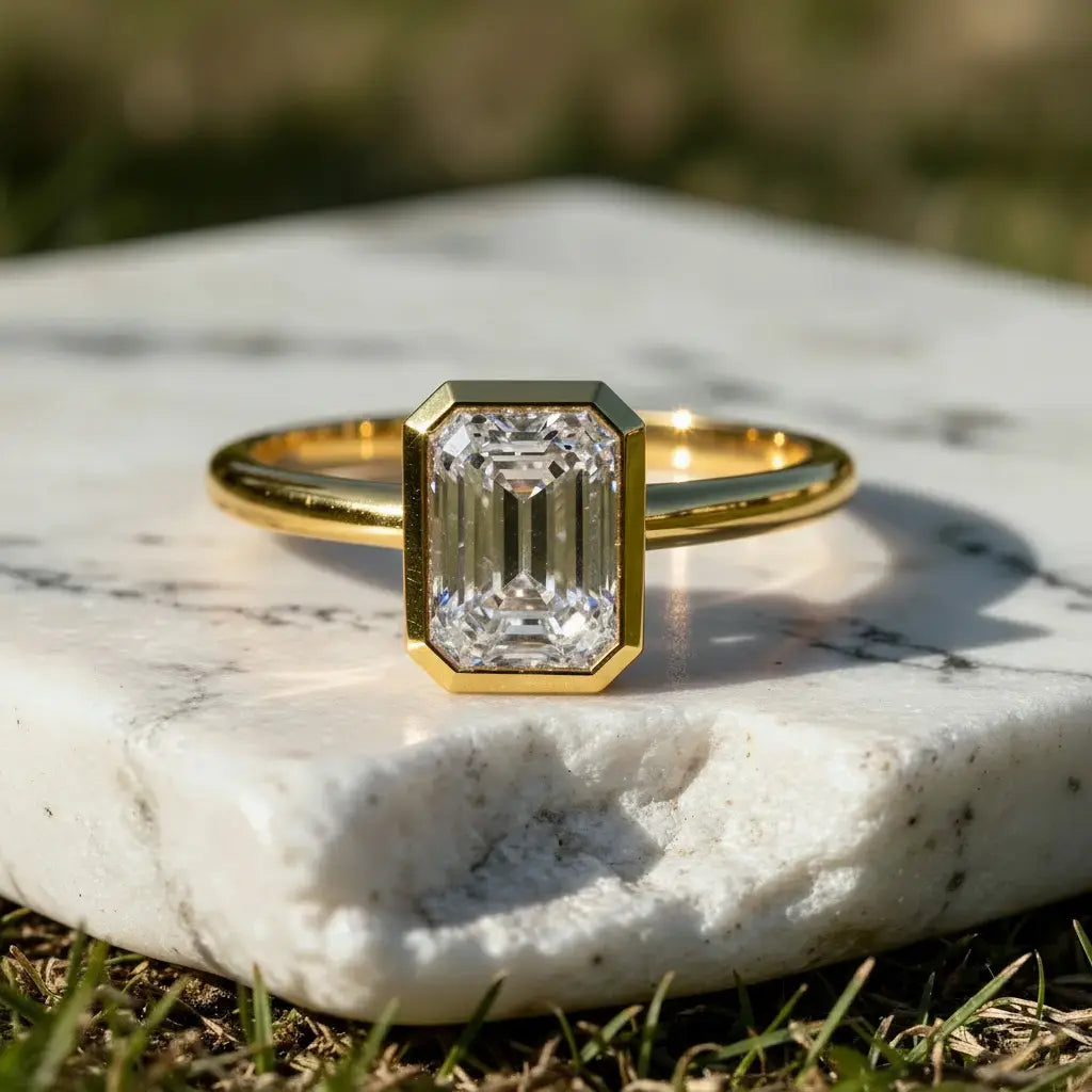 Front-view: Emerald Diamond Ring with Bezel Setting in 14k Yellow Gold - Lab Grown - Driona Jewels