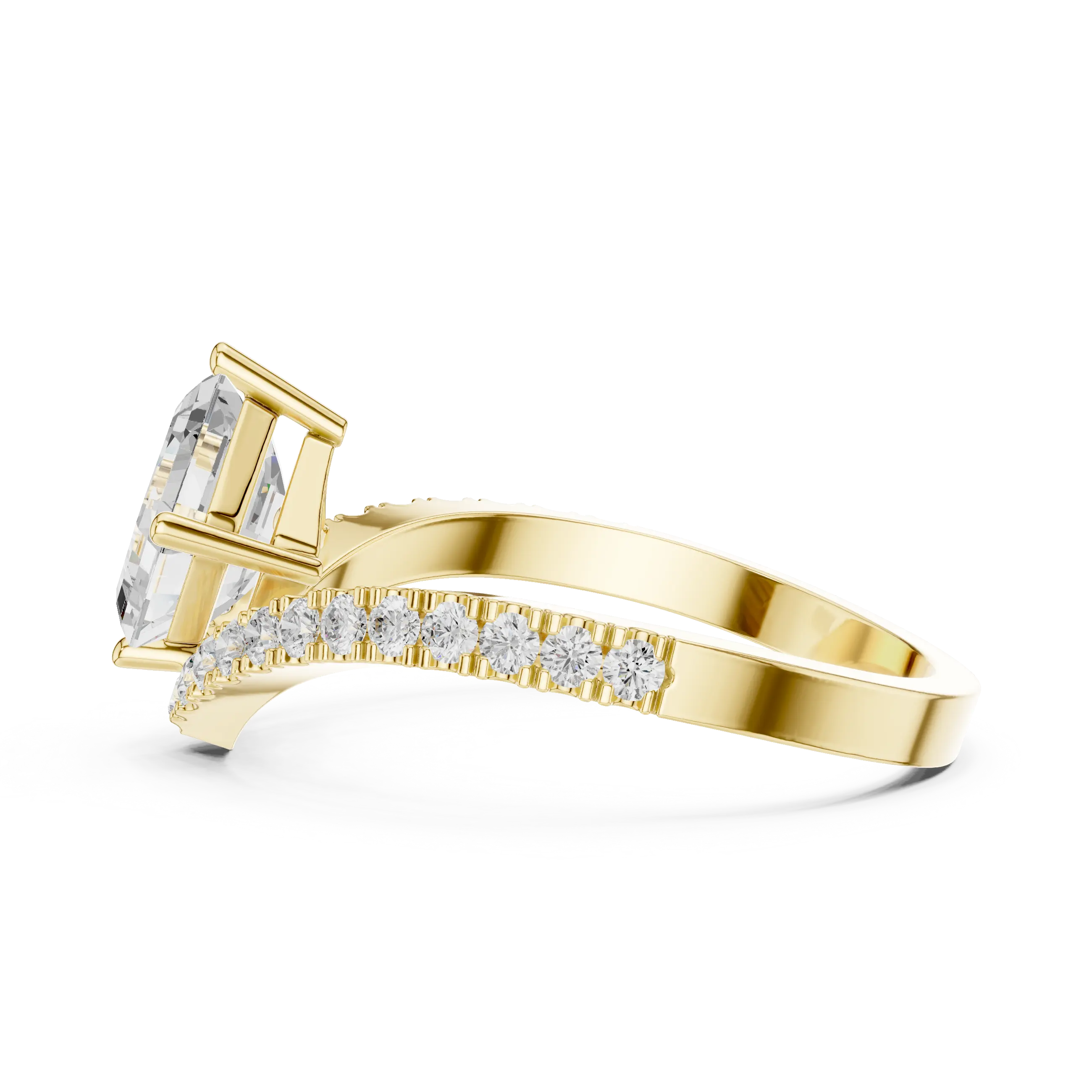 Side Profile: Emerald Diamond Ring with Bypass Pave Solitaire Setting in 14K Yellow Gold – Lab Grown – Driona Jewels
