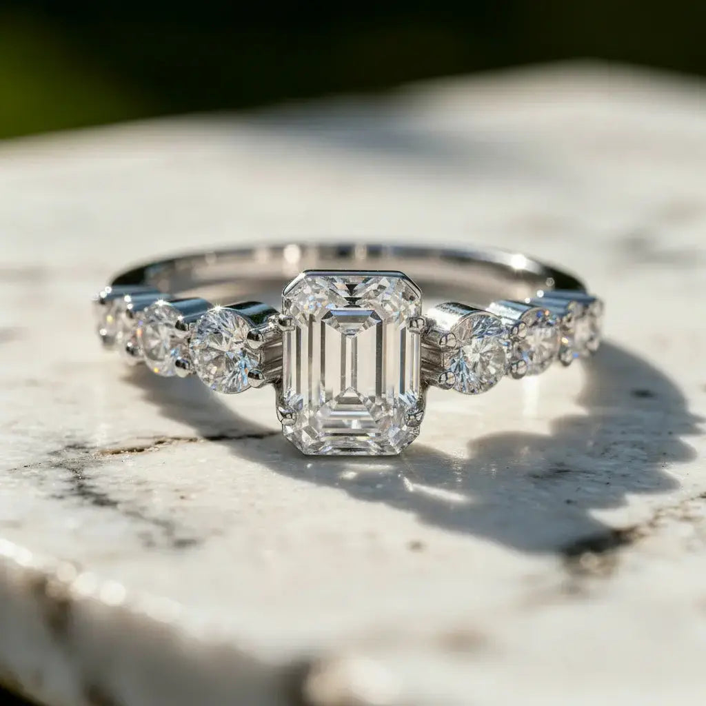 Close-up: Emerald Cut Diamond Ring with Channel Setting in 14k White Gold - Lab Grown - Driona Jewels