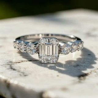 Close-up: Emerald Cut Diamond Ring with Channel Setting in 14k White Gold - Lab Grown - Driona Jewels